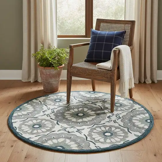 3' Gray And Slate Gray Wool Medallion Hand Tufted Round Rug Photo 1