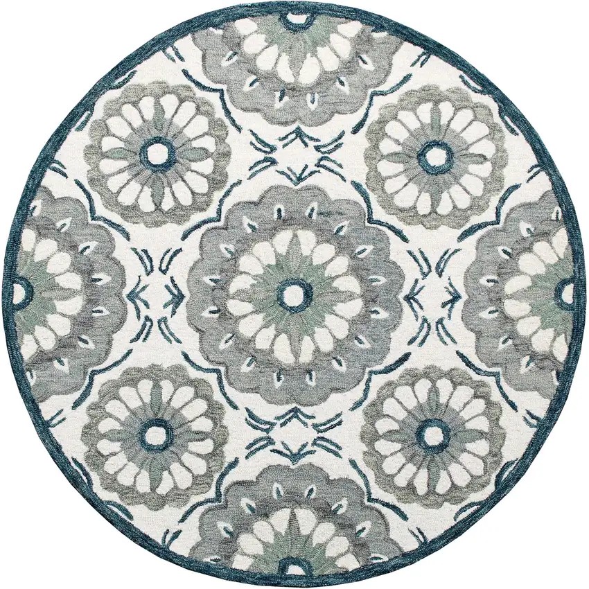 3' Gray And Slate Gray Wool Medallion Hand Tufted Round Rug Photo 2