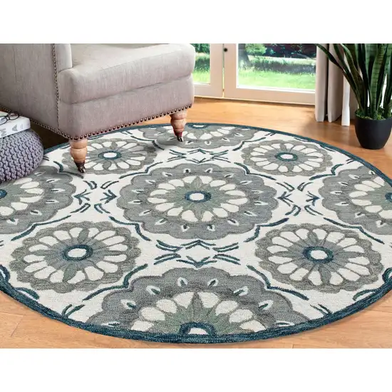 3' Gray And Slate Gray Wool Medallion Hand Tufted Round Rug Photo 5