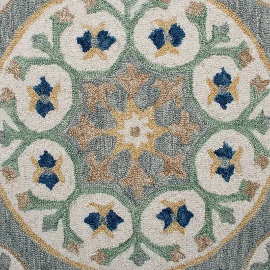 3' Gray And Slate Gray Wool Medallion Hand Tufted Round Rug Photo 9