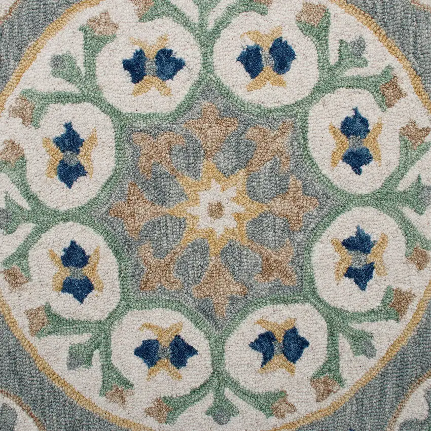 3' Gray And Slate Gray Wool Medallion Hand Tufted Round Rug Photo 9