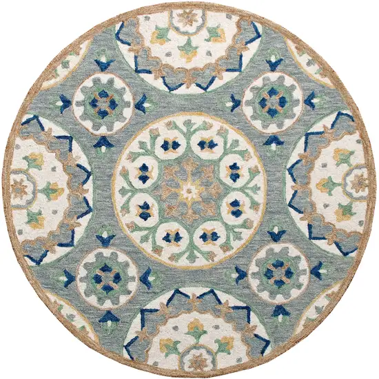 3' Gray And Slate Gray Wool Medallion Hand Tufted Round Rug Photo 1
