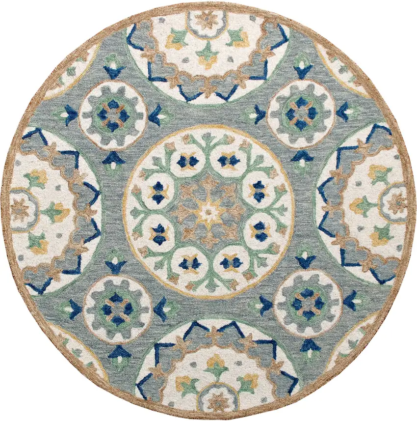 3' Gray And Slate Gray Wool Medallion Hand Tufted Round Rug Photo 1