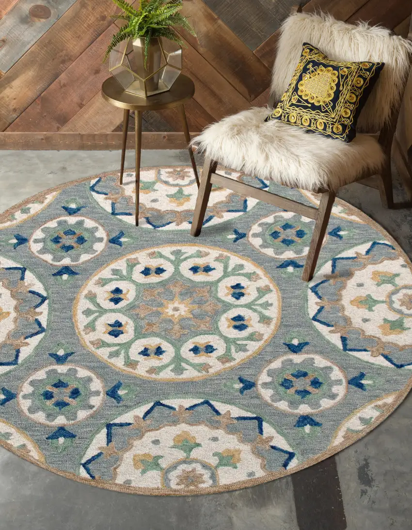 3' Gray And Slate Gray Wool Medallion Hand Tufted Round Rug Photo 4