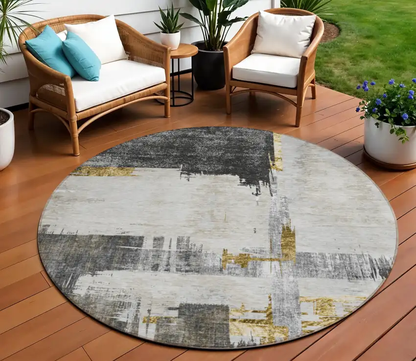 8' Gray And Tan Round Abstract Washable Indoor Outdoor Area Rug Photo 1