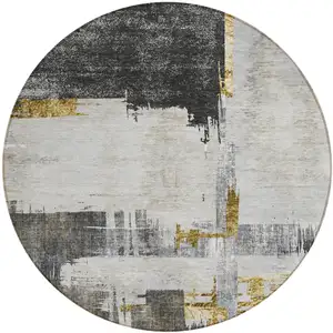 Photo of 8' Gray And Tan Round Abstract Washable Indoor Outdoor Area Rug