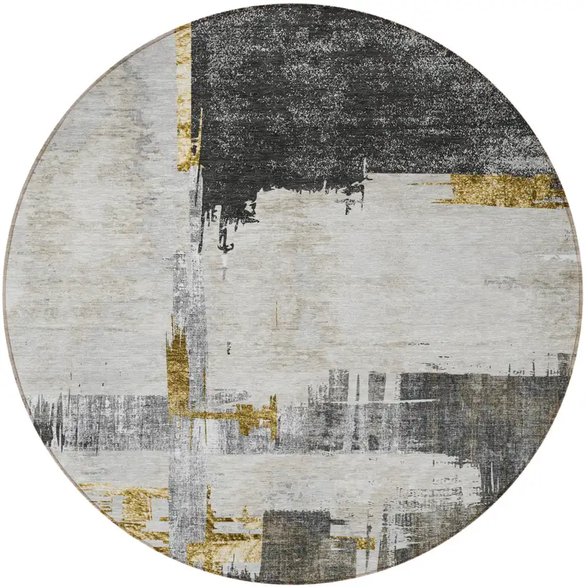 8' Gray And Tan Round Abstract Washable Indoor Outdoor Area Rug Photo 5