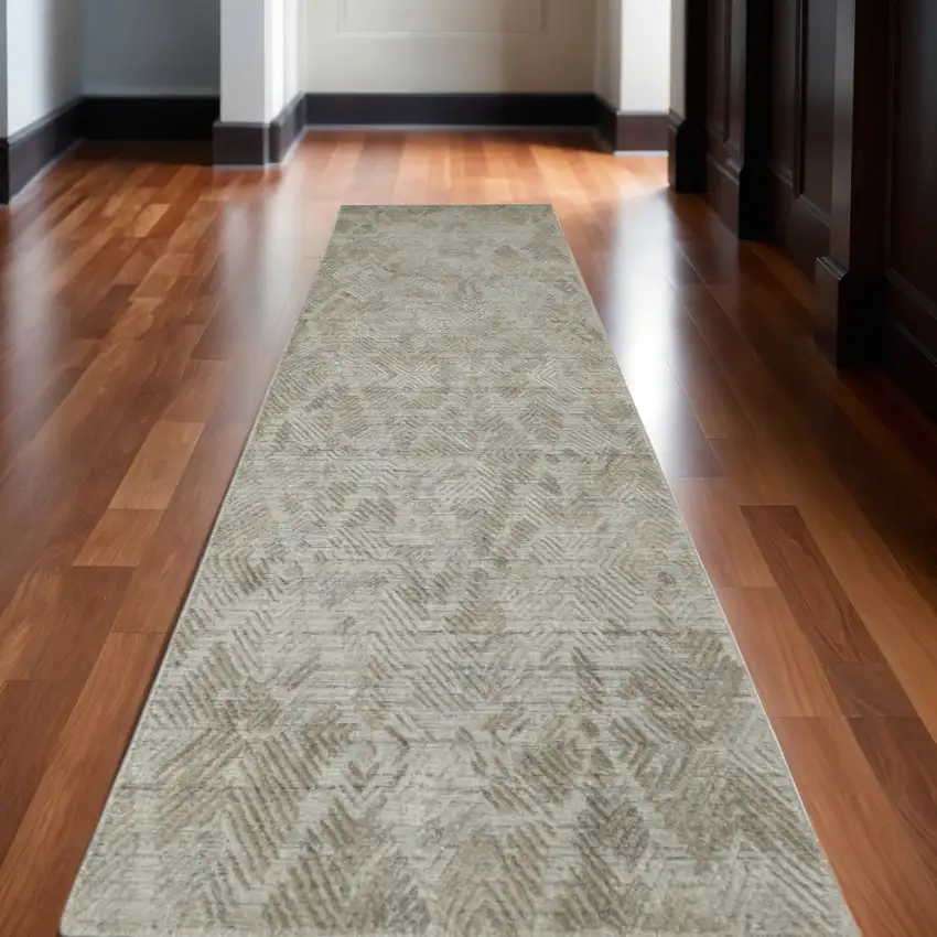 10' Taupe And Gray Abstract Hand Woven Runner Rug Photo 1