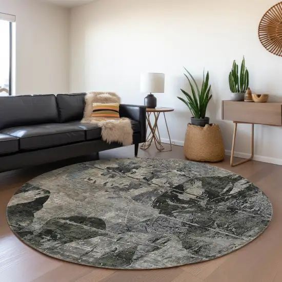 8' Gray And Taupe Abstract Washable Round Rug With UV Protection Photo 5