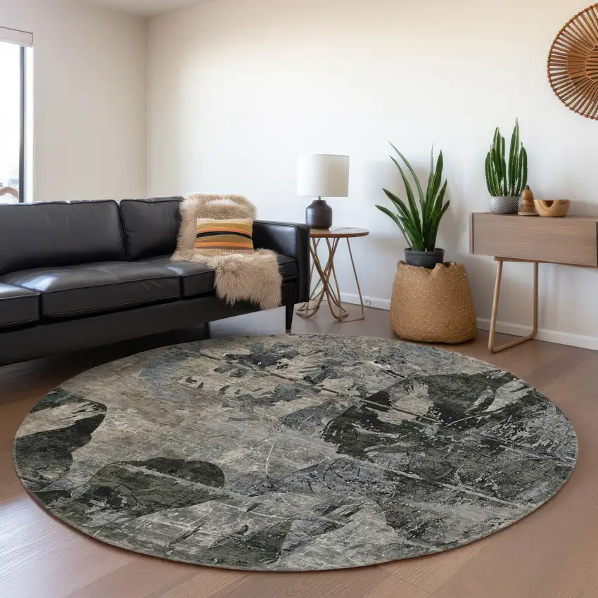 8' Gray And Taupe Abstract Washable Round Rug With UV Protection Photo 5