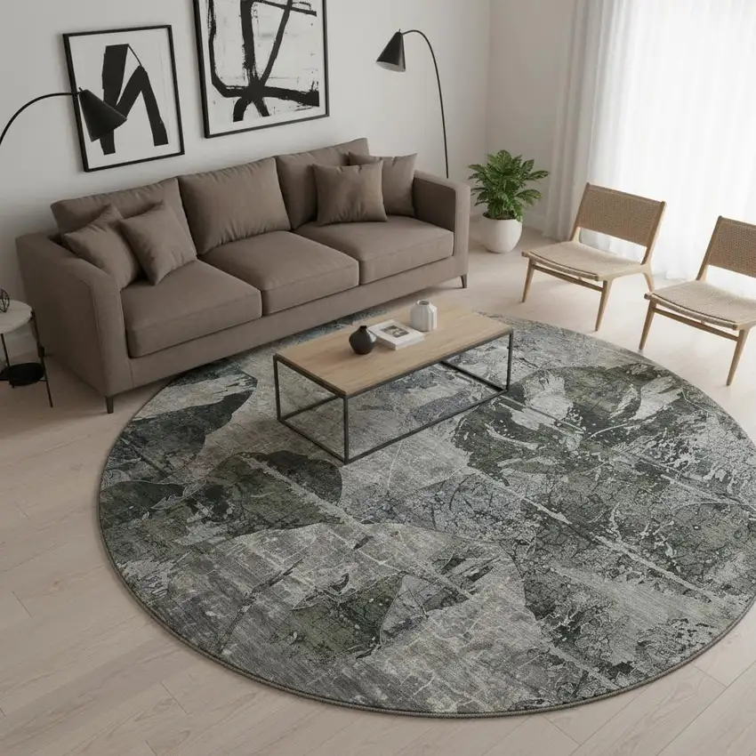 8' Gray And Taupe Abstract Washable Round Rug With UV Protection Photo 2