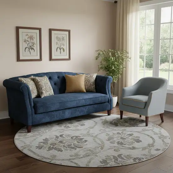 8' Gray And Taupe Floral Washable Round Rug With UV Protection Photo 1