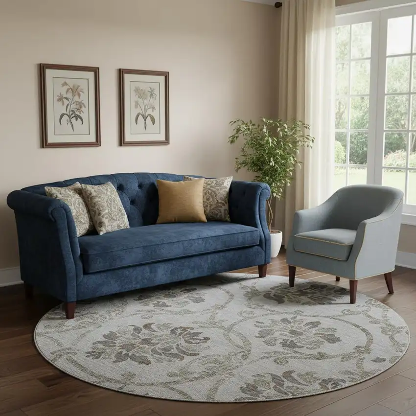 8' Gray And Taupe Floral Washable Round Rug With UV Protection Photo 1