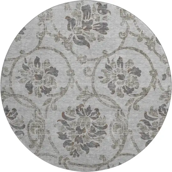 8' Gray And Taupe Floral Washable Round Rug With UV Protection Photo 1