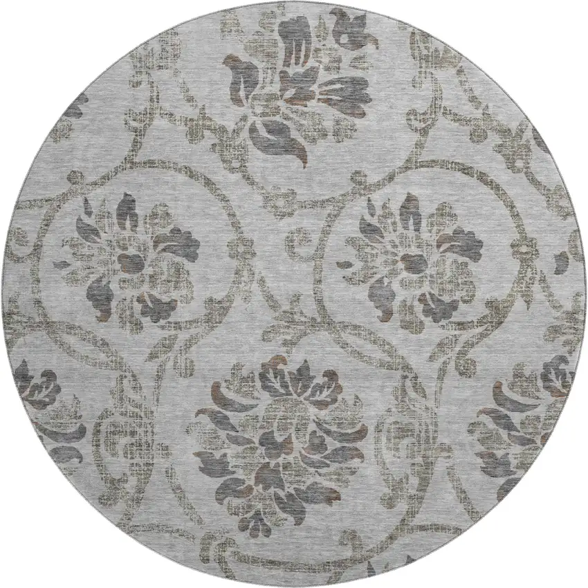 8' Gray And Taupe Floral Washable Round Rug With UV Protection Photo 1