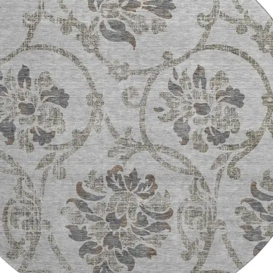 8' Gray And Taupe Floral Washable Round Rug With UV Protection Photo 3