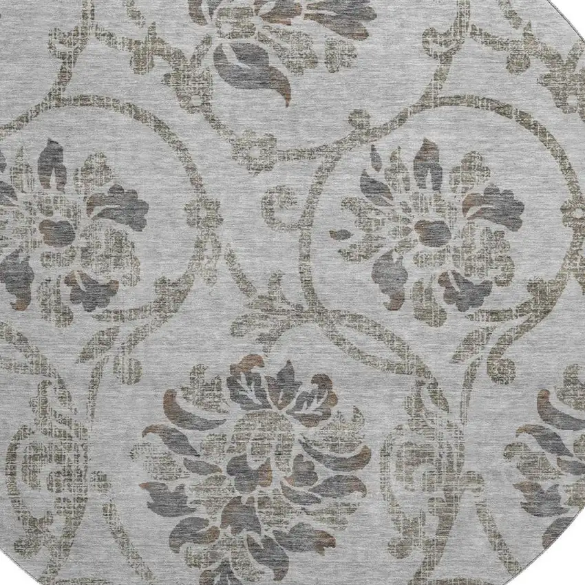 8' Gray And Taupe Floral Washable Round Rug With UV Protection Photo 3