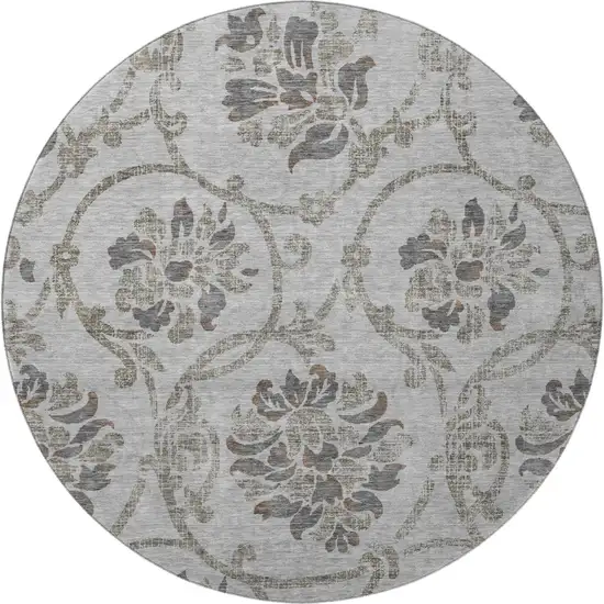 8' Gray And Taupe Floral Washable Round Rug With UV Protection Photo 4