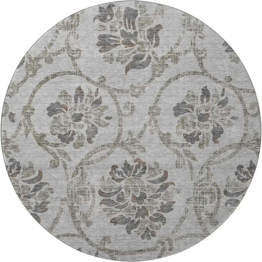 8' Gray And Taupe Floral Washable Round Rug With UV Protection Photo 4