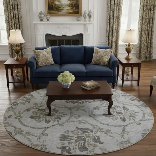 8' Gray And Taupe Floral Washable Round Rug With UV Protection Photo 2