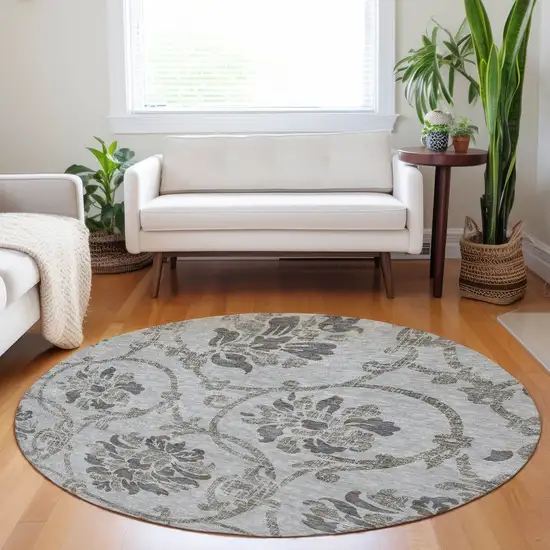 8' Gray And Taupe Floral Washable Round Rug With UV Protection Photo 5