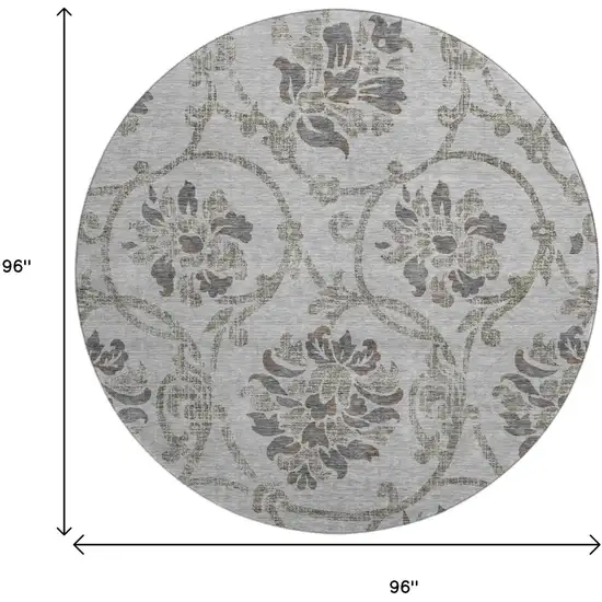 8' Gray And Taupe Floral Washable Round Rug With UV Protection Photo 3