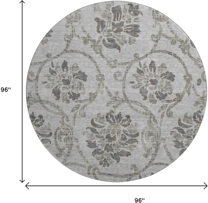 8' Gray And Taupe Floral Washable Round Rug With UV Protection Photo 3