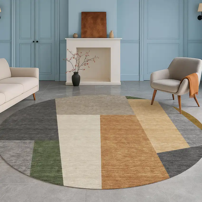 8' Gray And Taupe Round Geometric Washable Indoor Outdoor Area Rug Photo 5