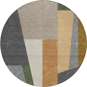 Photo of 8' Gray And Taupe Round Geometric Washable Indoor Outdoor Area Rug