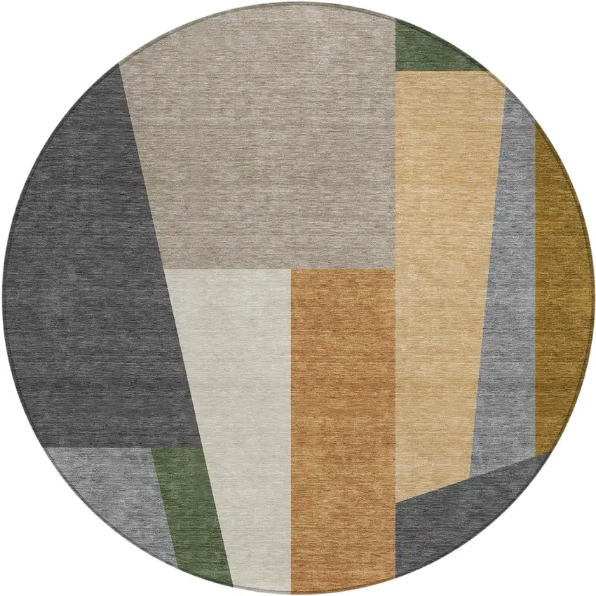 8' Gray And Taupe Round Geometric Washable Indoor Outdoor Area Rug Photo 1