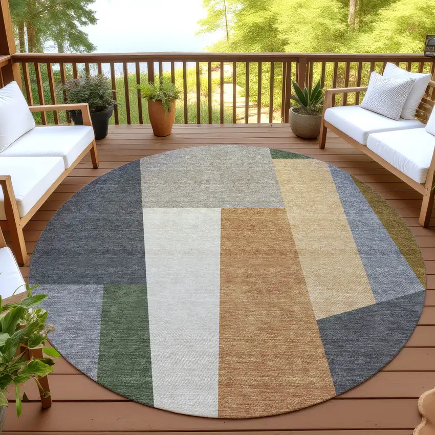 8' Gray And Taupe Round Geometric Washable Indoor Outdoor Area Rug Photo 4