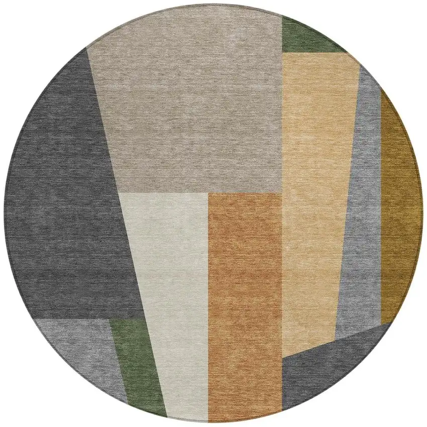 8' Gray And Taupe Round Geometric Washable Indoor Outdoor Area Rug Photo 3