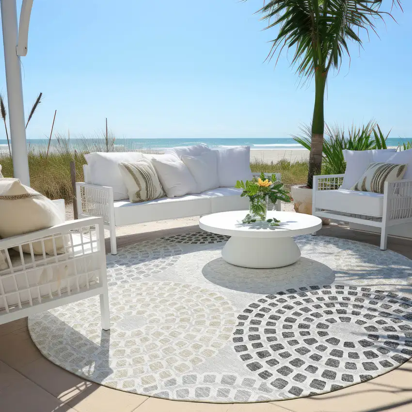8' Gray And Taupe Round Geometric Washable Indoor Outdoor Area Rug Photo 7