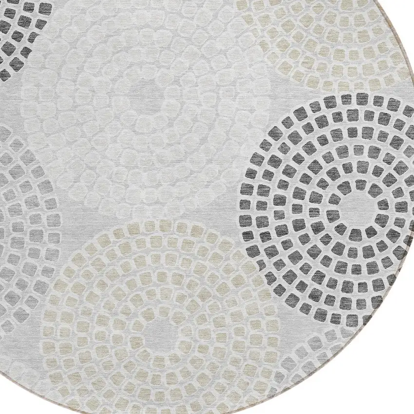 8' Gray And Taupe Round Geometric Washable Indoor Outdoor Area Rug Photo 4