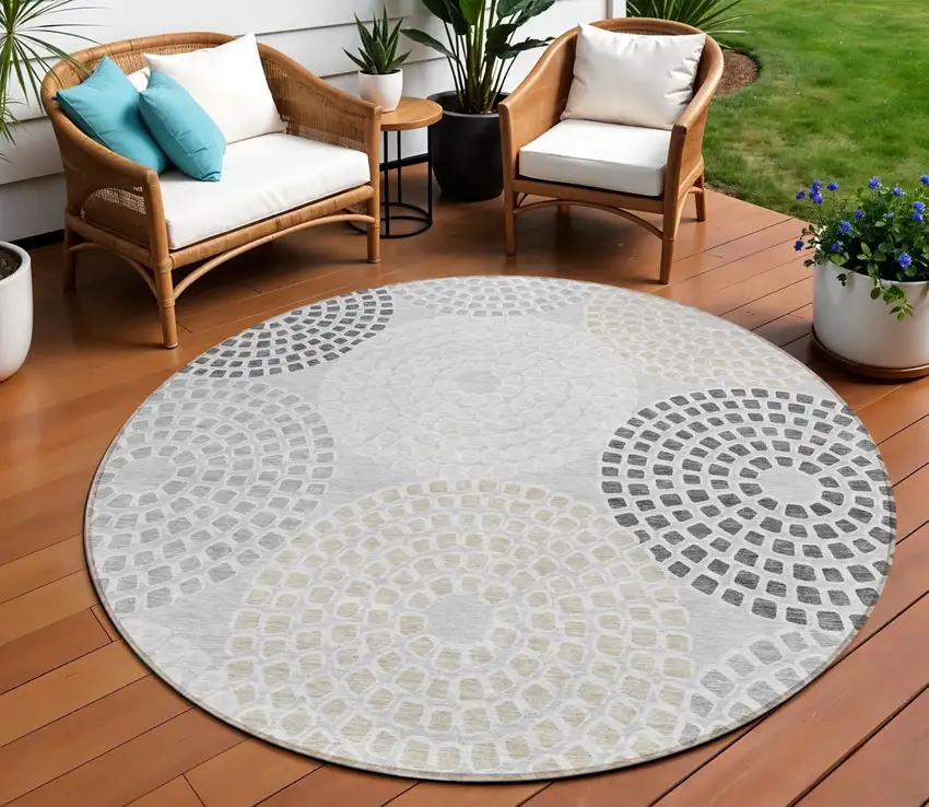 8' Gray And Taupe Round Geometric Washable Indoor Outdoor Area Rug Photo 1