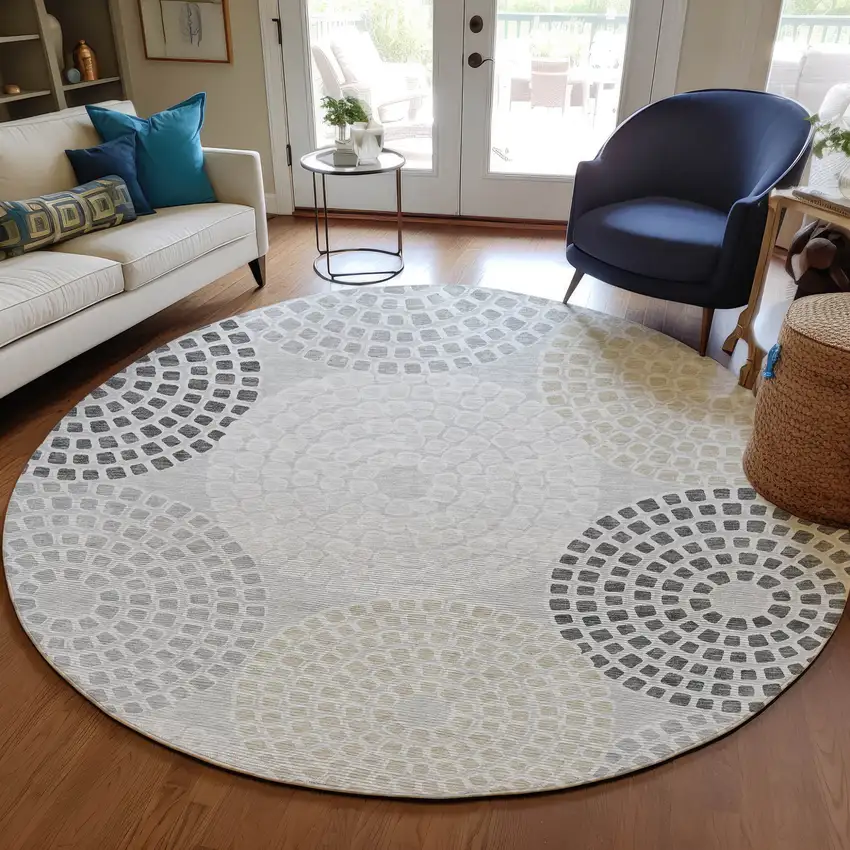 8' Gray And Taupe Round Geometric Washable Indoor Outdoor Area Rug Photo 8