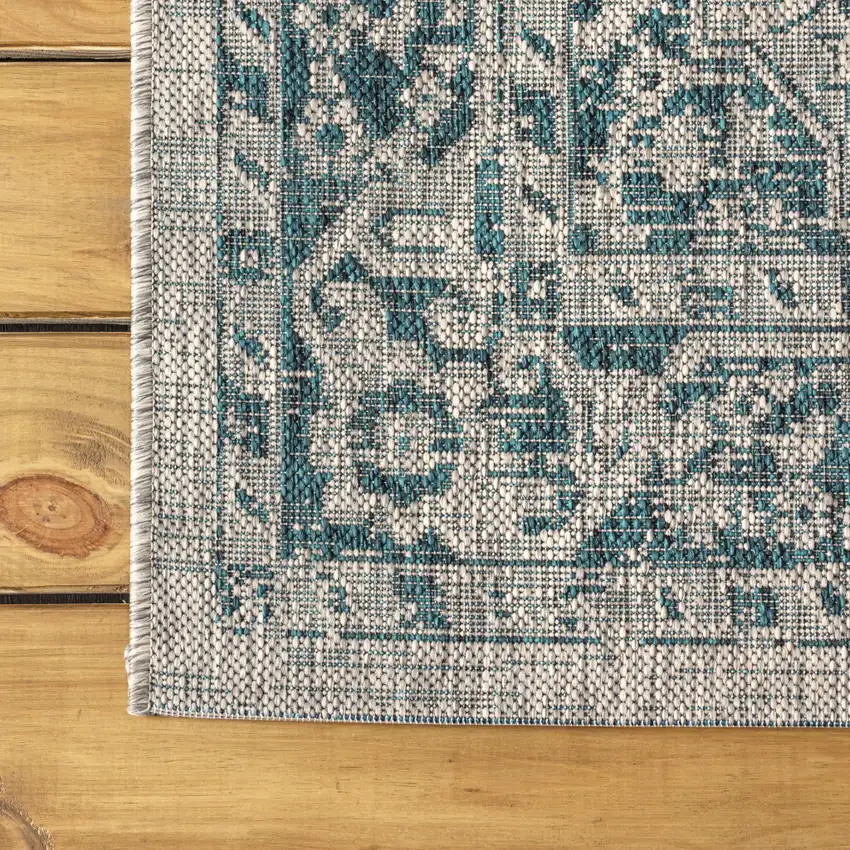 8' Gray And Teal Blue Medallion Indoor Outdoor Runner Rug Photo 8