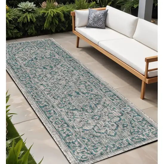 8' Gray And Teal Blue Medallion Indoor Outdoor Runner Rug Photo 1