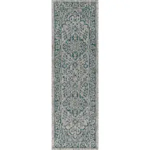 Photo of 8' Gray And Teal Blue Medallion Indoor Outdoor Runner Rug