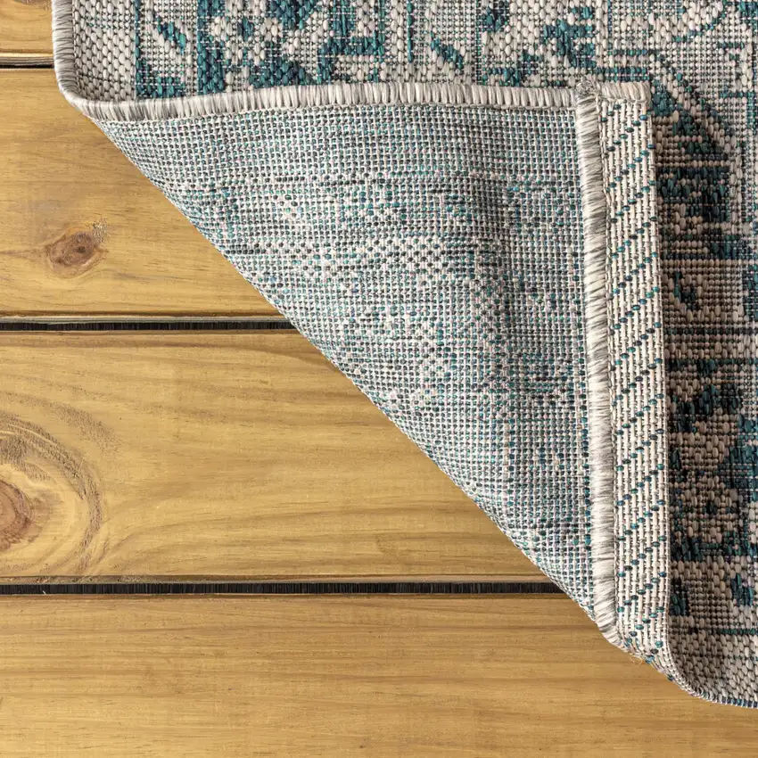 8' Gray And Teal Blue Medallion Indoor Outdoor Runner Rug Photo 9