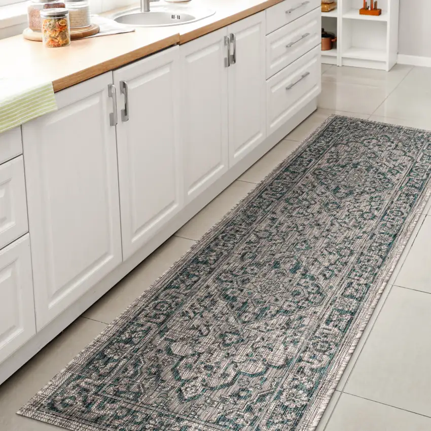 8' Gray And Teal Blue Medallion Indoor Outdoor Runner Rug Photo 6