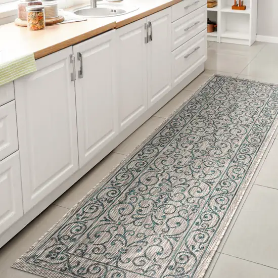 8' Gray And Teal Blue Medallion Indoor Outdoor Runner Rug Photo 5