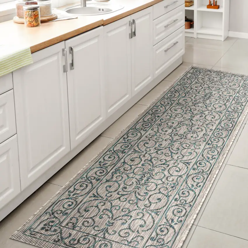 8' Gray And Teal Blue Medallion Indoor Outdoor Runner Rug Photo 5