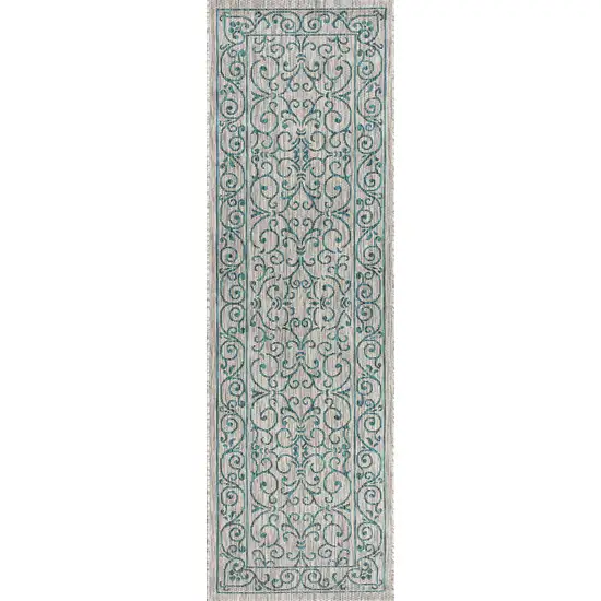 8' Gray And Teal Blue Medallion Indoor Outdoor Runner Rug Photo 2