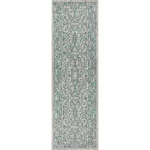 Photo of 8' Gray And Teal Blue Medallion Indoor Outdoor Runner Rug