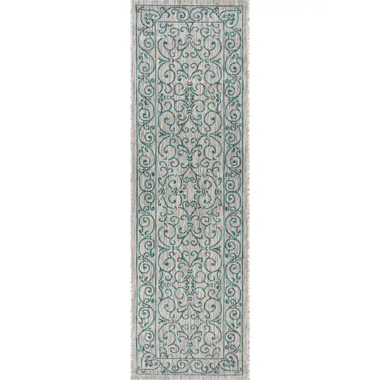 8' Gray And Teal Blue Medallion Indoor Outdoor Runner Rug Photo 1
