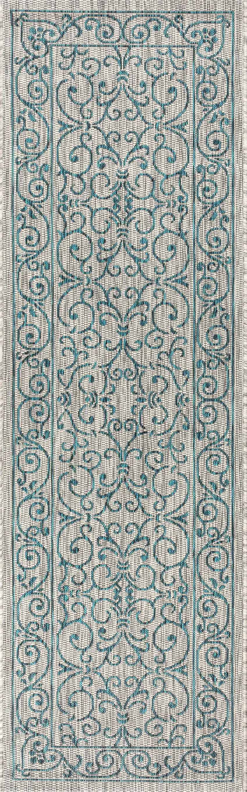 8' Gray And Teal Blue Medallion Indoor Outdoor Runner Rug Photo 1