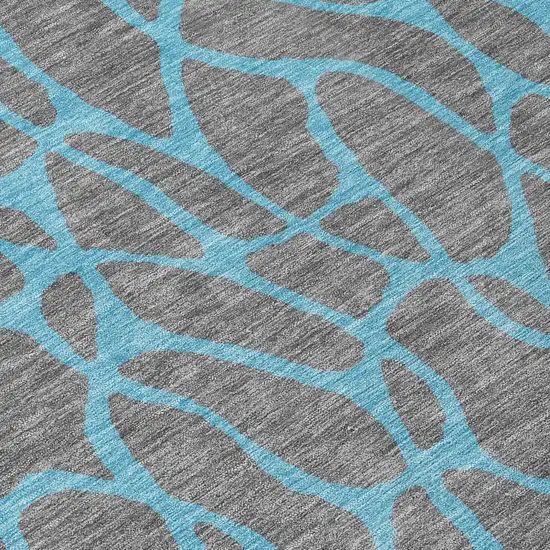 8' Gray And Teal Blue Round Geometric Washable Indoor Outdoor Area Rug Photo 8