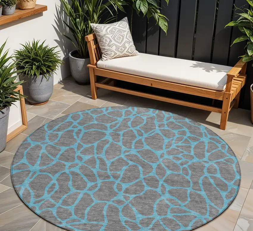 8' Gray And Teal Blue Round Geometric Washable Indoor Outdoor Area Rug Photo 1