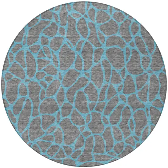8' Gray And Teal Blue Round Geometric Washable Indoor Outdoor Area Rug Photo 5